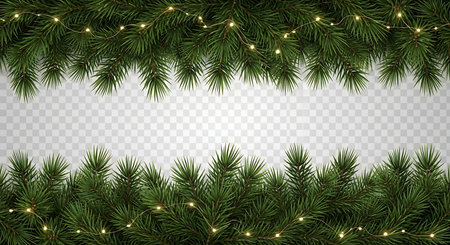 A top and bottom border of lush green Christmas tree branches adorned with soft, warm, twinkling fairy lights, creating a festive and inviting holiday frame on a transparent background.の素材