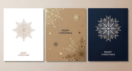 Three vertical Christmas cards display sophisticated snowflake designs. One is white with gold, another is gold on brown with festive text, and the third is white on navy blue.の素材