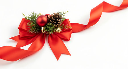 A luxurious red satin ribbon elegantly curves across a clean white surface, featuring a decorative bow embellished with a shiny red ornament, pine needles, and a pinecone.の素材