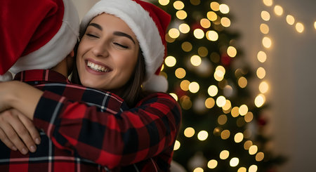 A woman with closed eyes and a wide smile wears a Santa hat, embracing someone in a plaid shirt. A decorated Christmas tree with warm lights fills the background.の素材