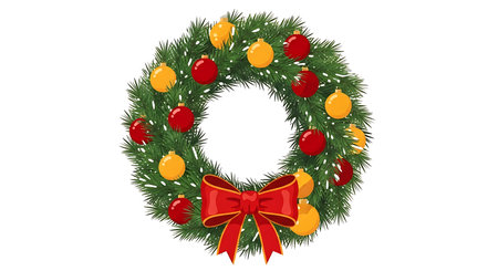 A circular evergreen wreath decorated with red and yellow baubles and a prominent red satin bow. The wreath is lush and full, suggesting a traditional holiday decoration.の素材