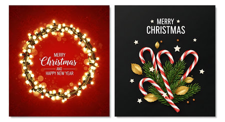 Two distinct Christmas designs: a vibrant red card with a luminous wreath and holiday text, and a dark card showcasing candy canes, pine branches, and golden leaves.の素材