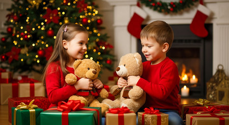 A heartwarming scene of a boy and girl, dressed in festive red, joyfully interacting with their teddy bears. They sit amidst beautifully wrapped presents, with a glowing Christmas tree and stockings hung by the fireplace.の素材