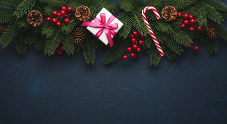 A vibrant Christmas garland adorns the top of a dark background, featuring lush green fir branches, red berries, pinecones, a candy cane, and a small gift box.の素材