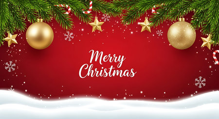 A vibrant red background adorned with twinkling golden ornaments, star shapes, and delicate snowflakes. Evergreen branches and a snowy foreground complete this joyful Christmas celebration.の素材