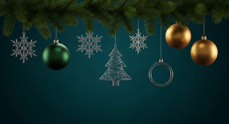 A collection of sparkling Christmas ornaments, including snowflakes, a tree, and golden baubles, are suspended from dark green evergreen branches, creating a festive and elegant holiday scene.の素材
