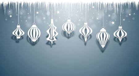 A festive winter scene features seven white, intricately designed ornaments suspended from glistening icicles against a soft, blurred blue background with bokeh lights and falling snowflakes.の素材