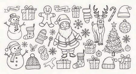 A charming collection of hand-drawn Christmas elements including Santa Claus, snowmen, gingerbread man, presents, stockings, candy canes, and snowflakes, all rendered in a simple, classic line art style for festive projects.の素材