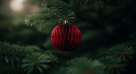 A close-up shot features a solitary, ribbed red Christmas ornament suspended from a deep green pine branch. The lighting creates a warm, inviting, and festive holiday mood.の素材