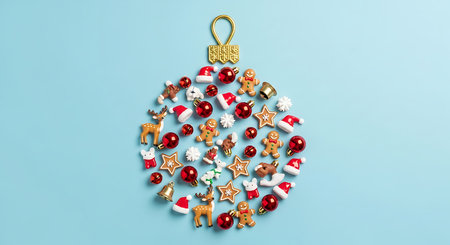 This whimsical image showcases a large Christmas ornament silhouette crafted from tiny Santa hats, gingerbread men, candy canes, and red baubles, all arranged on a light blue backdrop.の素材