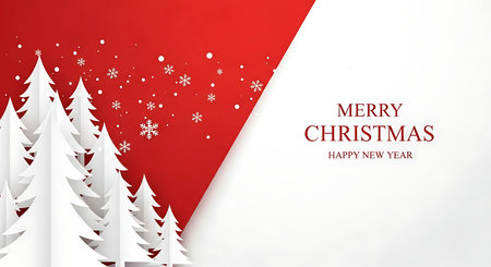 A minimalist design featuring layered white paper Christmas trees against a vibrant red backdrop with delicate falling snowflakes. The right side offers a clean white space for holiday greetings.の素材