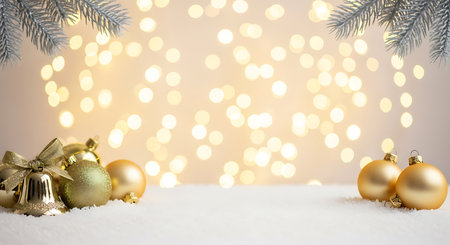 Golden Christmas ornaments and bells are arranged on a white surface, framed by soft, out-of-focus golden lights and frosted pine branches, evoking a cozy and celebratory holiday atmosphere.の素材