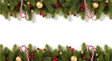 A vibrant Christmas garland frames the top and bottom of a white space, adorned with candy canes, golden ornaments, and red berries, perfect for holiday invitations.の素材