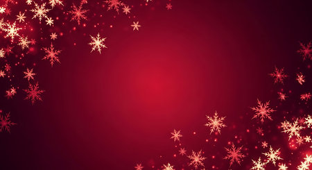 A rich, deep red background is adorned with numerous glowing, star-shaped snowflakes scattered across the frame, creating a magical and festive winter wonderland atmosphere.の素材
