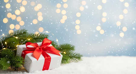 A beautifully wrapped white gift box with a vibrant red ribbon sits amongst lush green Christmas tree branches. Soft, out-of-focus bokeh lights and gentle falling snow create a magical, celebratory atmosphere.の素材