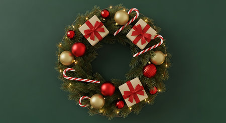 A circular Christmas wreath made of evergreen branches is decorated with red and gold ornaments, small wrapped gift boxes, and striped candy canes, creating a cheerful holiday display.の素材