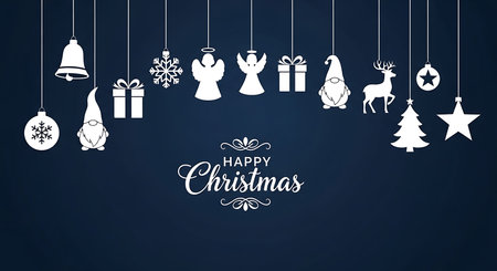 A collection of white Christmas ornaments, including bells, snowflakes, angels, gifts, gnomes, reindeer, and trees, are suspended against a deep blue background, with "Happy Christmas" text centered below.の素材