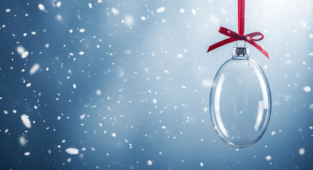 A single, clear oval glass Christmas ornament is suspended by a red ribbon and bow. Falling snowflakes create a magical, wintry backdrop, suggesting a peaceful and joyful holiday season.の素材