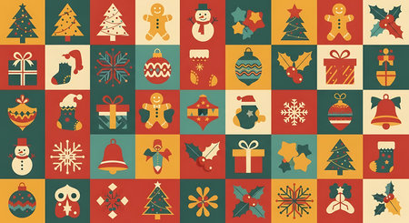 A cheerful and colorful collage of retro-style Christmas icons arranged in a grid. The festive pattern features trees, ornaments, gifts, snowmen, and gingerbread men in a warm color palette.の素材