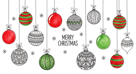 A festive collection of hand-drawn Christmas ornaments, featuring a mix of colorful baubles and intricate black and white sketches, all hanging against a white background with Merry Christmas text.の素材