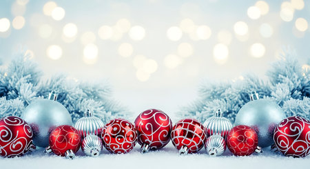 A beautiful arrangement of red and silver Christmas ornaments sits in front of frosted evergreen branches. Soft, blurred bokeh lights create a magical, festive atmosphere, perfect for holiday celebrations.の素材