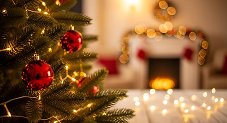 A close-up of a decorated Christmas tree with red ornaments and fairy lights, blurred in the background is a fireplace with a warm glow and festive garland.の素材