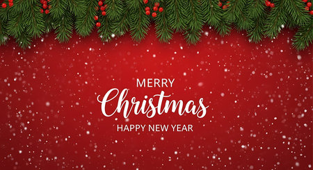 A vibrant red backdrop with scattered white snowflakes creates a winter wonderland effect. Lush green fir branches with subtle red berries adorn the top, framing elegant white text.の素材