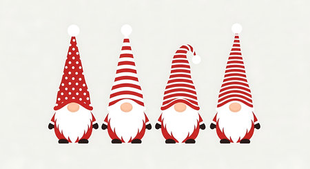 A delightful illustration featuring four adorable gnomes, each adorned with a unique red and white striped or polka dot conical hat, ready to spread holiday cheer.の素材