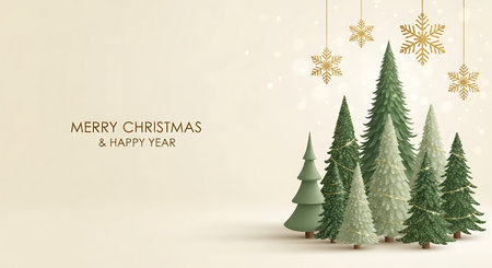 A charming arrangement of stylized green Christmas trees stands on a light background. Golden star ornaments hang above, creating a festive and elegant holiday scene.の素材