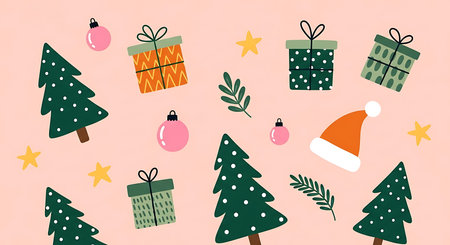 This charming illustration features a delightful assortment of Christmas symbols.  Decorated pine trees, wrapped presents, Santa hats, and glowing ornaments are playfully arranged on a pale pink backdrop, evoking holiday cheer.の素材