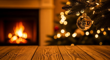 A warm and inviting Christmas setting featuring a glowing fireplace and a beautifully adorned tree with twinkling lights and ornaments, creating a festive atmosphere.の素材
