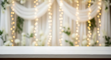 A blurred backdrop of a wedding ceremony features elegant white drapery adorned with numerous small, warm fairy lights, creating a magical and romantic atmosphere for an event.の素材