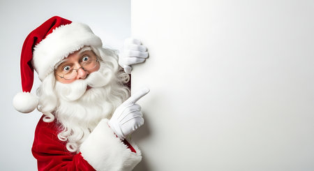 A cheerful Santa Claus, dressed in his iconic red suit and hat, peeks around a white board. His bushy white beard and twinkling eyes add to his festive spirit. He points with a gloved finger, inviting viewers to add their own holiday wishes.の素材