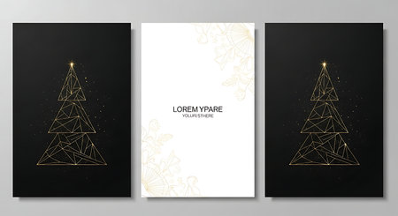 This triptych features a minimalist golden Christmas tree outline on dark backgrounds, flanking a central white panel with subtle geometric patterns and placeholder text for branding.の素材