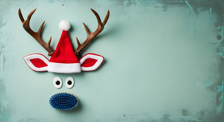 A playful and festive reindeer face is creatively assembled with real antlers, a Santa hat, and googly eyes. A textured blue pom-pom forms the nose, set against a muted green backdrop.の素材