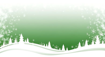 A soft, gradient green background is adorned with sparkling snowflakes. In the foreground, a snowy landscape features stylized evergreen trees, evoking a peaceful and festive winter scene.の素材