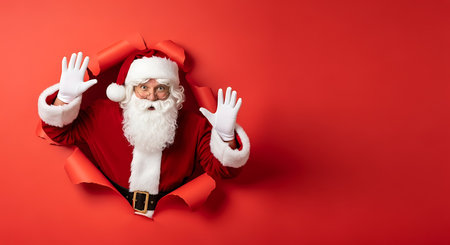 A playful Santa Claus emerges from a torn opening in a bright red backdrop. He is dressed in his iconic red suit and white beard, with his arms raised in a welcoming gesture.の素材
