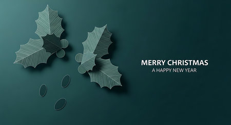 A sophisticated and modern Christmas greeting card featuring stylized, monochromatic holly leaves artfully arranged on a deep teal backdrop, with a subtle 'Merry Christmas' text overlay.の素材