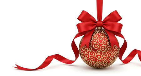 A single, ornate red Christmas ornament with a golden swirl pattern hangs from a bright red satin ribbon. The ribbon drapes elegantly across a clean white background, evoking a festive holiday spirit.の素材