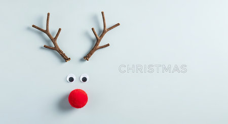 A charming and minimalist depiction of a reindeer's face, creatively assembled with natural twigs for antlers, googly eyes, and a bright red pom-pom nose against a clean white backdrop.の素材