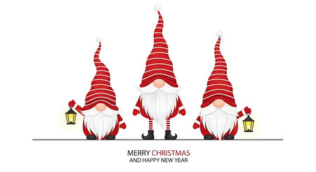 Three festive gnomes, adorned in red and white striped hats and beards, hold glowing lanterns. They stand in a line against a clean white backdrop, embodying the spirit of Christmas.の素材