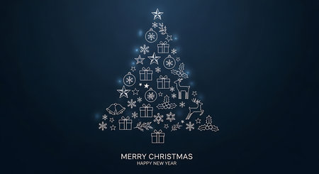 A stylized Christmas tree is intricately composed of a multitude of tiny icons and symbols, creating a unique and festive holiday graphic against a deep, dark blue backdrop.の素材