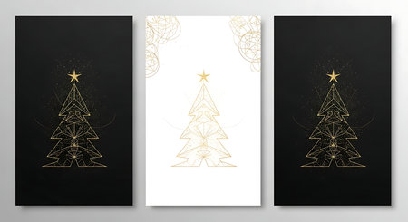 A triptych of three vertical panels showcasing stylized Art Deco Christmas trees. Two panels feature gold geometric designs on black backgrounds, and the center panel displays a similar design on white.の素材