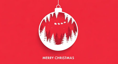 A delicate white Christmas ornament, intricately cut to reveal a snowy forest and a reindeer, hangs against a bold red backdrop, conveying festive cheer.の素材