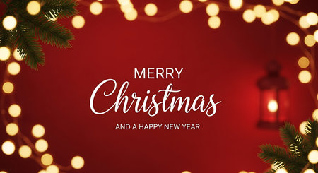 A cozy and inviting Merry Christmas message is displayed in elegant script on a rich red backdrop. Soft, warm fairy lights and dark green fir branches create a festive border, with a vintage lantern adding a touch of nostalgic charm.の素材