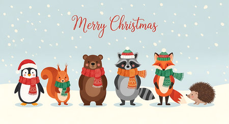 A delightful illustration features a penguin, squirrel, bear, raccoon, fox, and hedgehog dressed in holiday attire, standing on snow with falling snowflakes and 'Merry Christmas' text.の素材