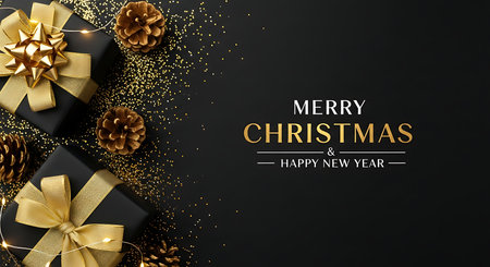 A sophisticated holiday composition featuring dark gift boxes adorned with opulent gold ribbons, natural pine cones, and shimmering gold confetti, set against a deep black backdrop.の素材