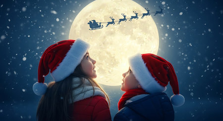 Two children, wearing festive Santa hats, look up in awe at a luminous full moon. Santa's sleigh, pulled by reindeer, is silhouetted against the moon, creating a magical Christmas scene.の素材
