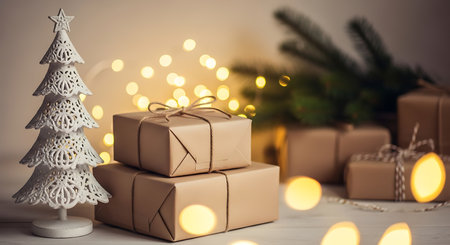 A warm and inviting Christmas scene featuring stacked brown paper wrapped gifts tied with ribbon. A white decorative tree stands to the left, with blurred bokeh lights in the background.の素材