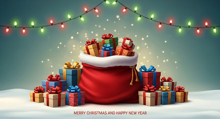 A vibrant red Santa stocking overflows with colorful gifts. It sits on a snowy surface, surrounded by wrapped presents, beneath a canopy of sparkling green and red Christmas lights.の素材